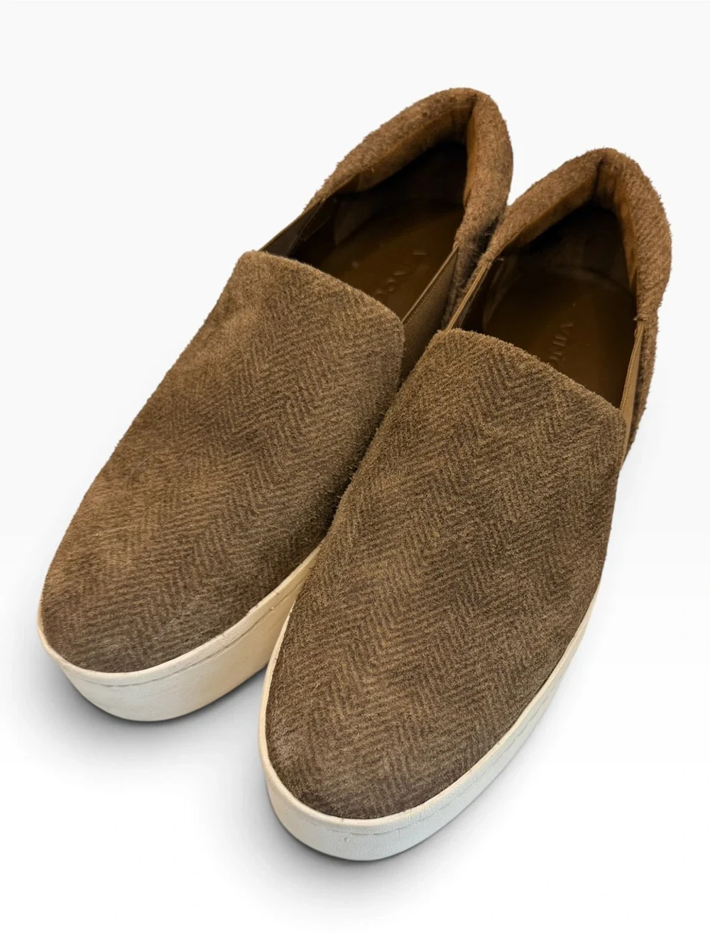Vince “Warren” Neutral Herringbone Slip-On Platform Sneakers with White Sole